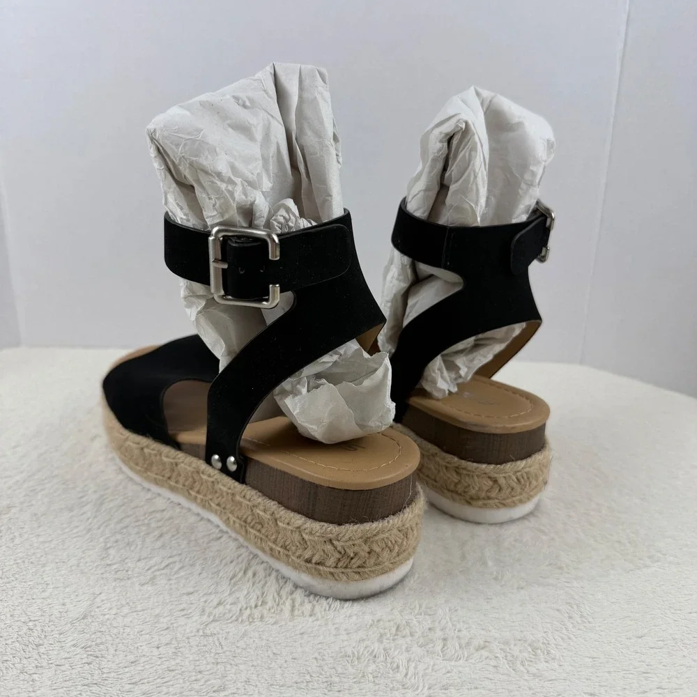 SODA Black Espadrille Platform Wedge Sandals Ankle Strap Buckle Women's‎ 7.5